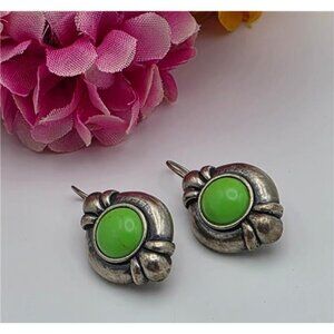 Vintage M 925 Sterling Silver Apple Green Chrysoprase Drop Earrings Signed 1"
